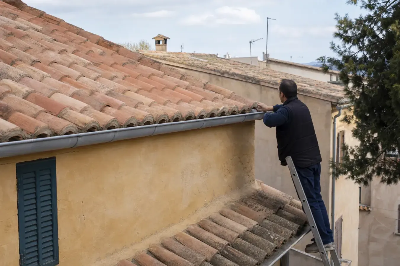 Toiture en tuile canal après traitement : terre cuite nue et propre, couleur inégale par l’âge mais plus aucune mousse